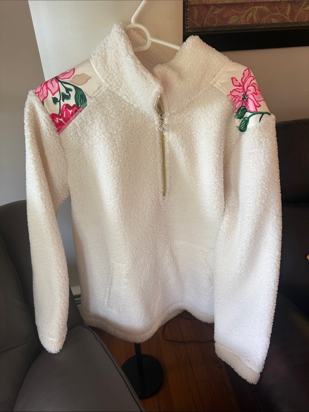 Lilly Pulitzer Cream Sherpa Pullover with Pink Floral Shoulder Accents